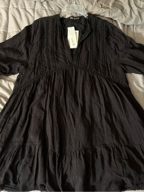 Zara Black Tiered Babydoll Dress with Lace Trim